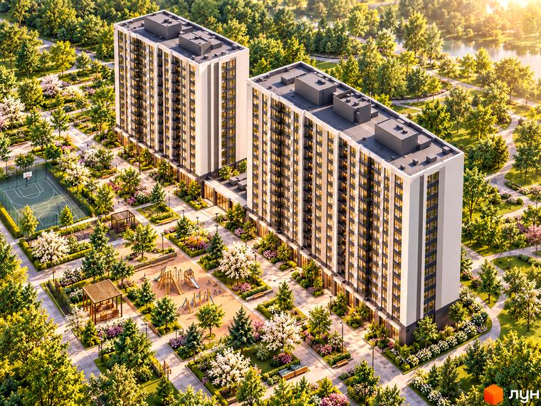 Вигляд фасадів висотних будинків житлового комплексу Grow та облаштована прибудинкова територія з деревами та алеями.