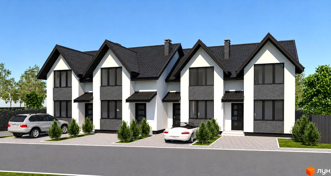 Фасад білих двоповерхових таунхаусів КМ Cooper House з темним дахом, плиткою та автомобілями на парковці.