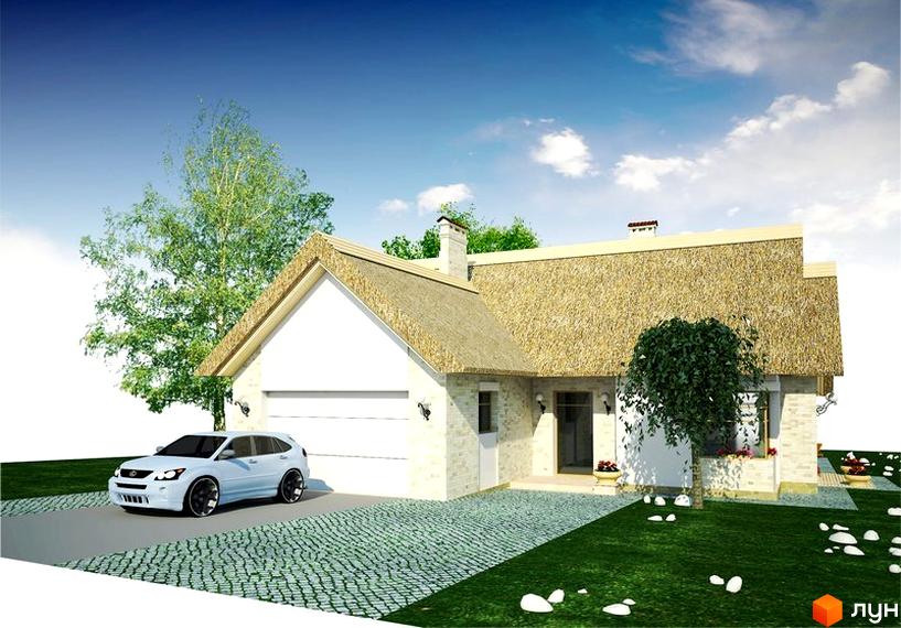 Зображення будинку в Котеджному містечку Лінія Успіху з солом'яним дахом. На передньому плані автомобіль, бруківка та газон з декоративним камінням.