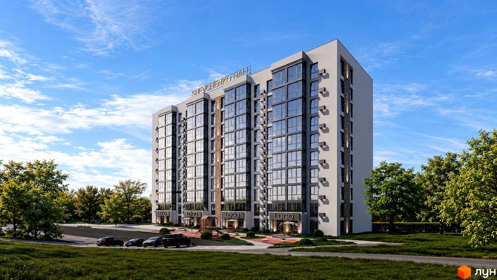 Вигляд новобудови Shevchenko Hall з панорамними вікнами та облаштованою прибудинковою територією з дитячим майданчиком.