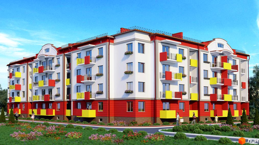 Новобудова ЖК Садовий з яскравими балконами та доглянутою прибудинковою територією. Зелені насадження та квіти створюють затишну атмосферу навколо будинку.