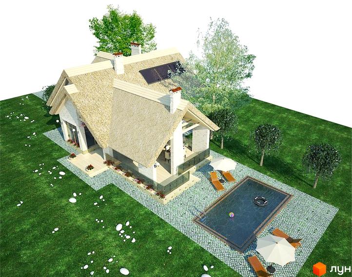 Зображення будинку з солом'яним дахом у Котеджному містечку Лінія Успіху. На території басейн, шезлонги та зелений газон.