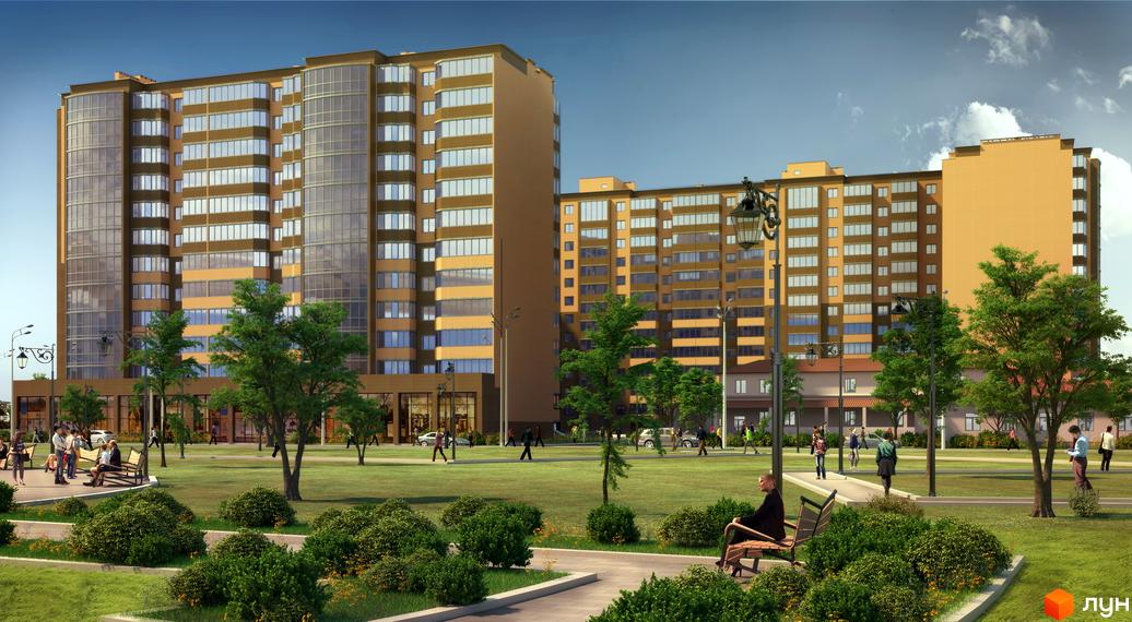 Житловий комплекс Ковалівський з цегляним фасадом та скляними балконами. На прибудинковій території зелений газон, дерева та лавки для відпочинку.