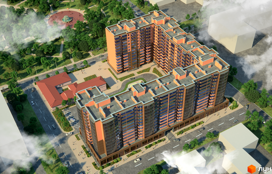 Житловий комплекс Ковалівський має вигляд багатоповерхової будівлі з оранжевими фасадами та скляними вікнами. Навколо розташовані дерева, парк із фонтаном та пішохідні доріжки.