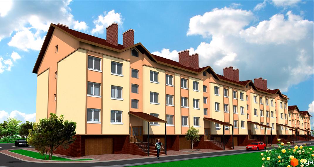 Зовнішній вигляд житлового комплексу на вул. Героїв Майдану, 2. Триповерхові будинки світло-жовтого кольору з коричневим дахом та цегляними димоходами. Перед будинками зелена галявина з квітами та дерева.
