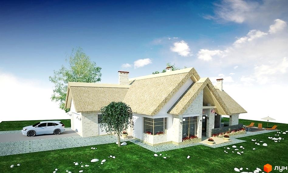 Зображення будинку в Котеджному містечку Лінія Успіху з солом'яним дахом. Навколо зелений газон, біля будинку припаркований автомобіль.