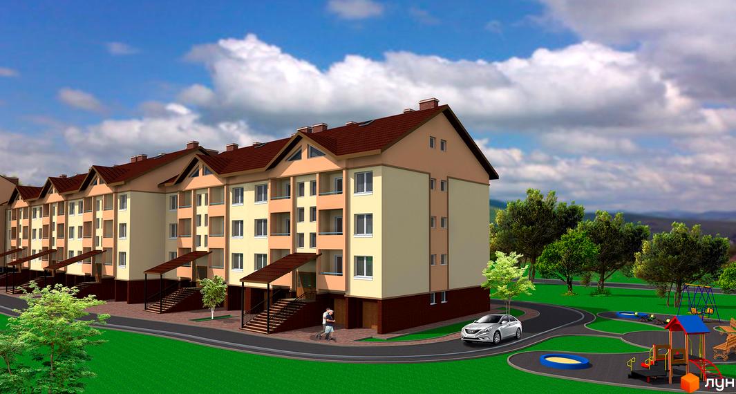 Зовнішній вигляд житлового комплексу на вул. Героїв Майдану, 2, з дитячим майданчиком та зеленими насадженнями. Сучасна архітектура та доглянута прибудинкова територія.