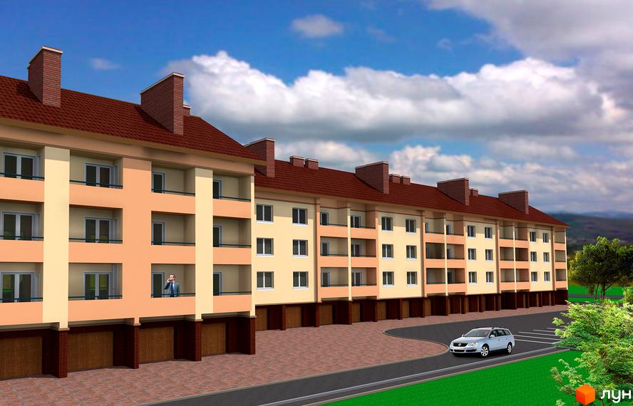 Зовнішній вигляд багатоквартирного будинку з цегляними димарями та балконами. Поруч розташована дорога та зелена зона.