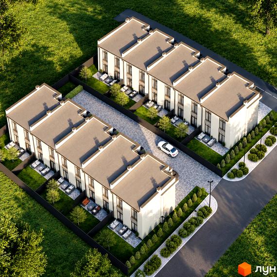 Двоповерхові будинки таунхаусів FAZAN з плиткою на дахах і власними подвір'ями з бруківкою та газонами.