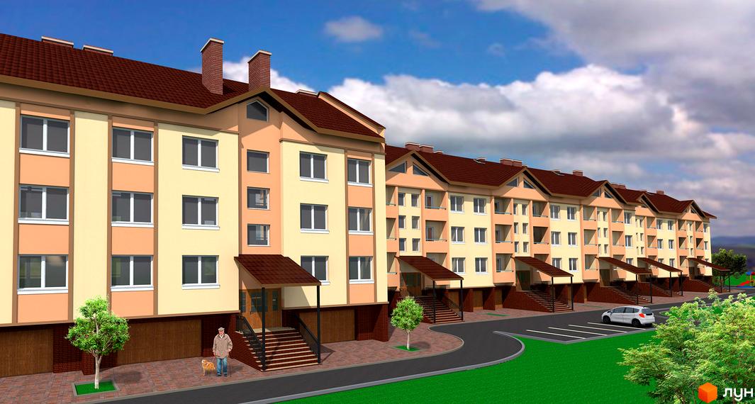 Сучасний житловий комплекс на вулиці Героїв Майдану, 2. Будинки мають світло-бежевий фасад, коричневий дах та зелену прибудинкову територію з деревами та дорогою.