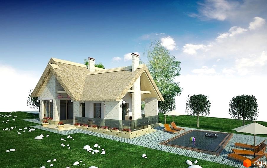 Зображення будинку в Котеджному містечку Лінія Успіху з солом'яним дахом. На прибудинковій території розташований басейн та зелений газон.