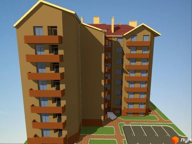 Житловий комплекс Петропавлівська Мрія: багатоповерховий будинок з коричневими балконами та червоним дахом. Поруч облаштована парковка та зелені насадження.