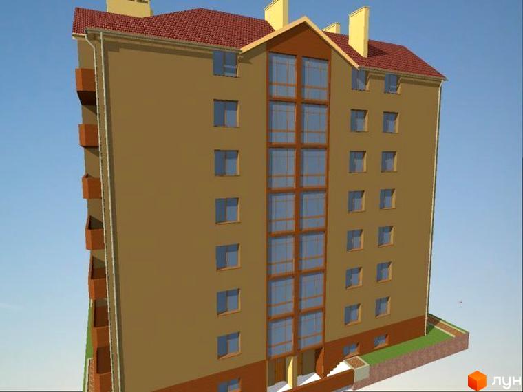 Зовнішній вигляд Петропавлівська Мрія: багатоповерховий будинок з коричневим фасадом, червоним дахом та балконами. Прибудинкова територія з зеленими насадженнями.