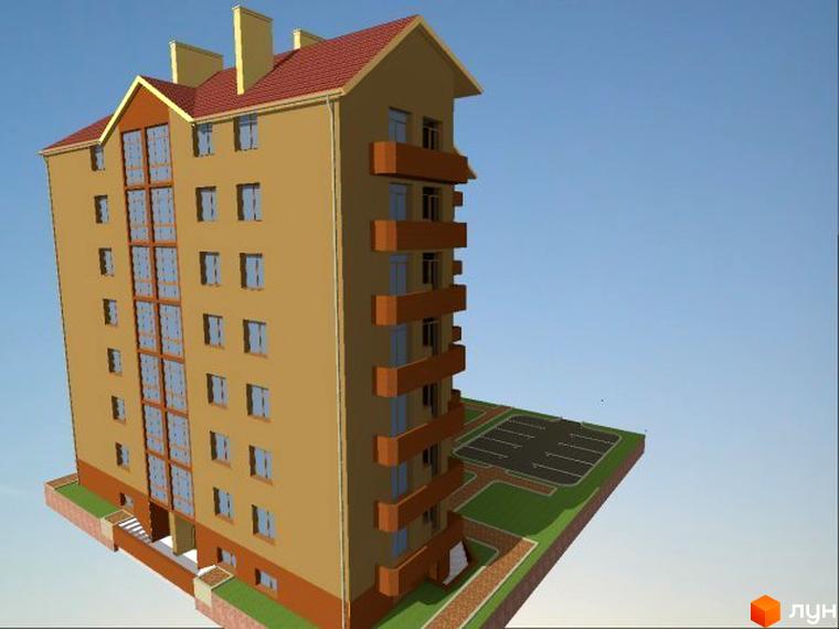 Будівельний проєкт Петропавлівська Мрія: багатоповерховий житловий будинок з коричневим дахом та балконами. Поруч розташований паркінг та зелена зона.