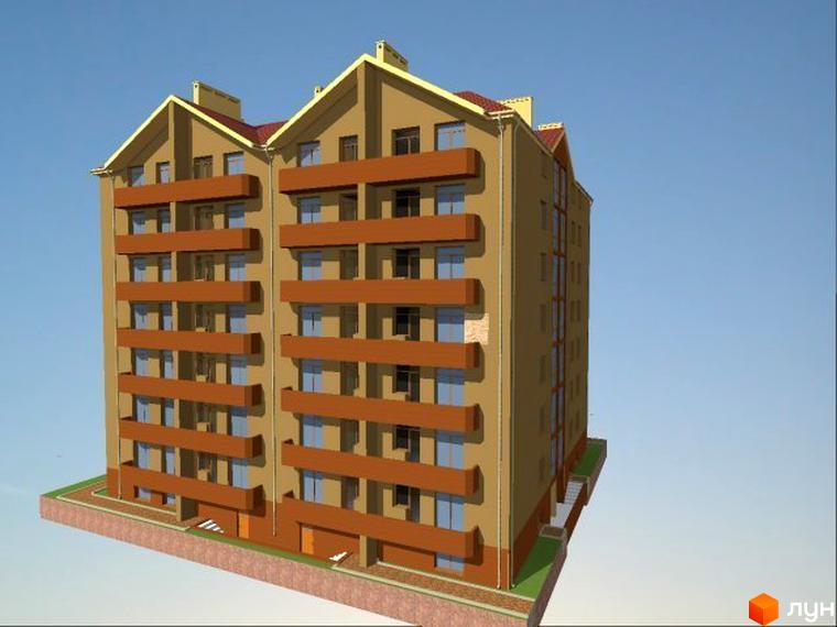 Зовнішній вигляд Петропавлівська Мрія: багатоповерховий будинок з коричневими балконами та світло-бежевими стінами. Навколо будинку облаштована прибудинкова територія з зеленими насадженнями та доріжками.