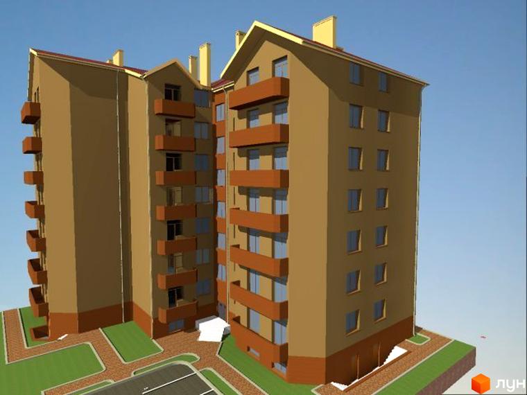 Зовнішній вигляд житлового комплексу Петропавлівська Мрія з коричневими фасадами та балконами. Навколо будинку зелена прибудинкова територія з доріжками та дорогою.