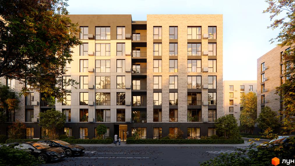 Фасад новобудови ЖК AGORA residence з цегли та панорамними вікнами, перед будинком дорога, припарковані авто і зелені насадження.