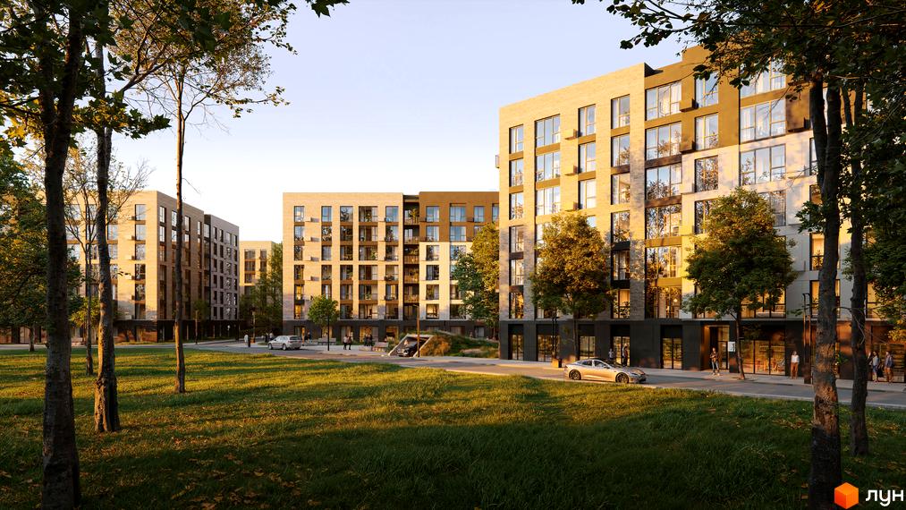 Архітектура та прибудинкова територія ЖК AGORA residence із затишними дворами та зеленою зоною.