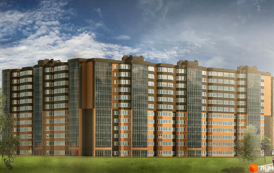 Житловий комплекс Зарічний: багатоповерховий будинок з коричневими та скляними фасадами, що виходить на зелену галявину з деревами.