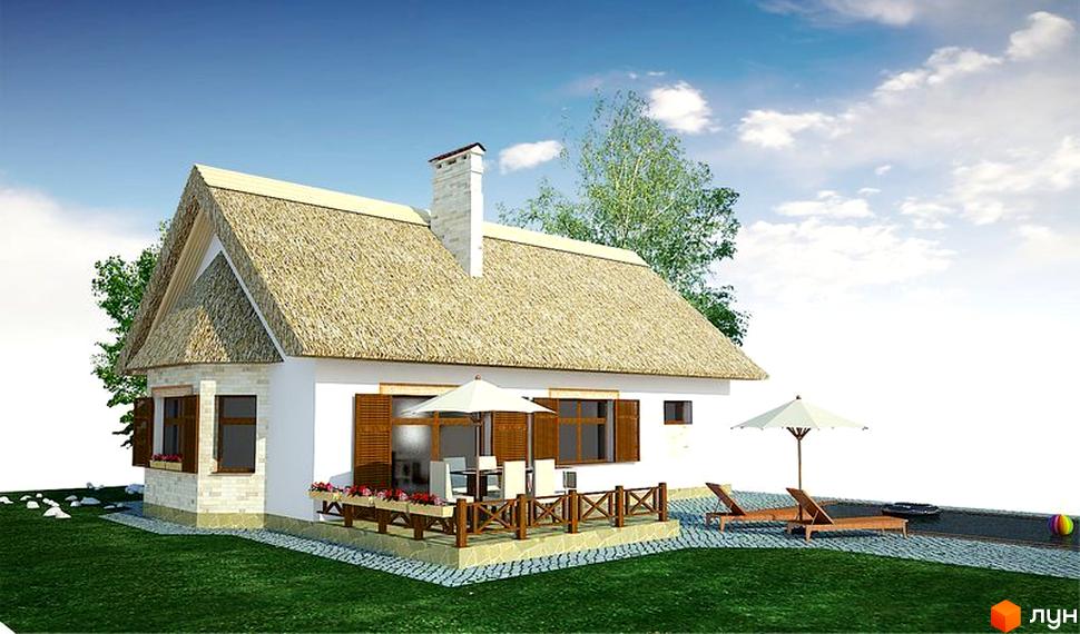 Зображення будинку з солом'яним дахом у Котеджному містечку Лінія Успіху. На території розташовані тераса з меблями та басейн з лежаками.
