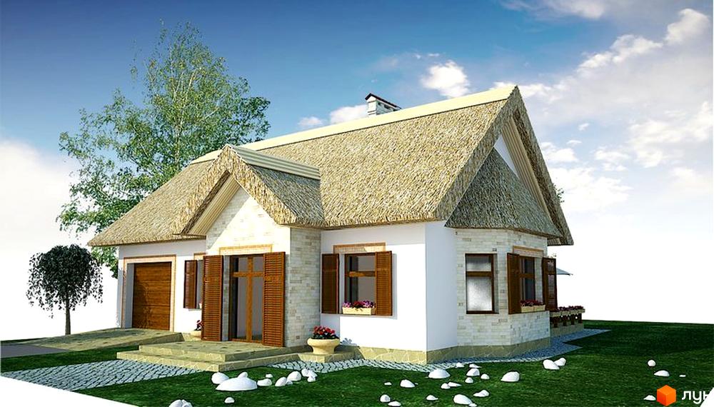 Зображення одноповерхового будинку з солом'яним дахом. Навколо будинку зелений газон з білими каменями та декоративні дерева.