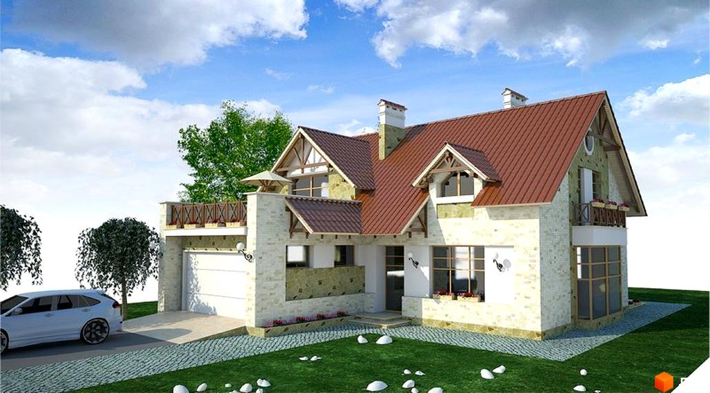 Зображення двоповерхового будинку в Котеджному містечку Лінія Успіху з гаражем та балконом. Навколо будинку зелений газон і бруківка.