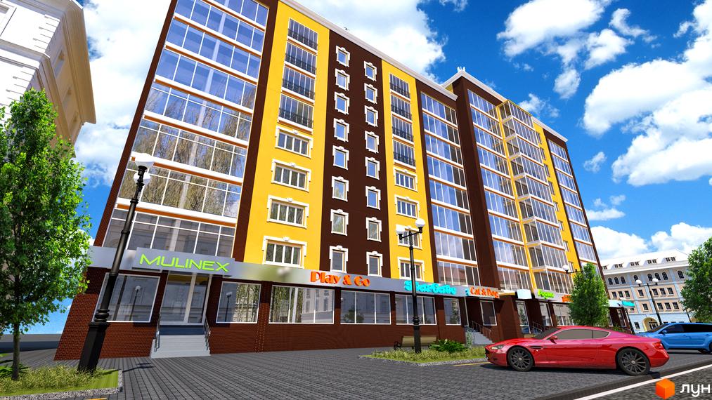 Житловий комплекс New Avenue: яскрава жовто-коричнева новобудова з великими вікнами та комерційними приміщеннями на першому поверсі. Прибудинкова територія з деревами та автомобілями.