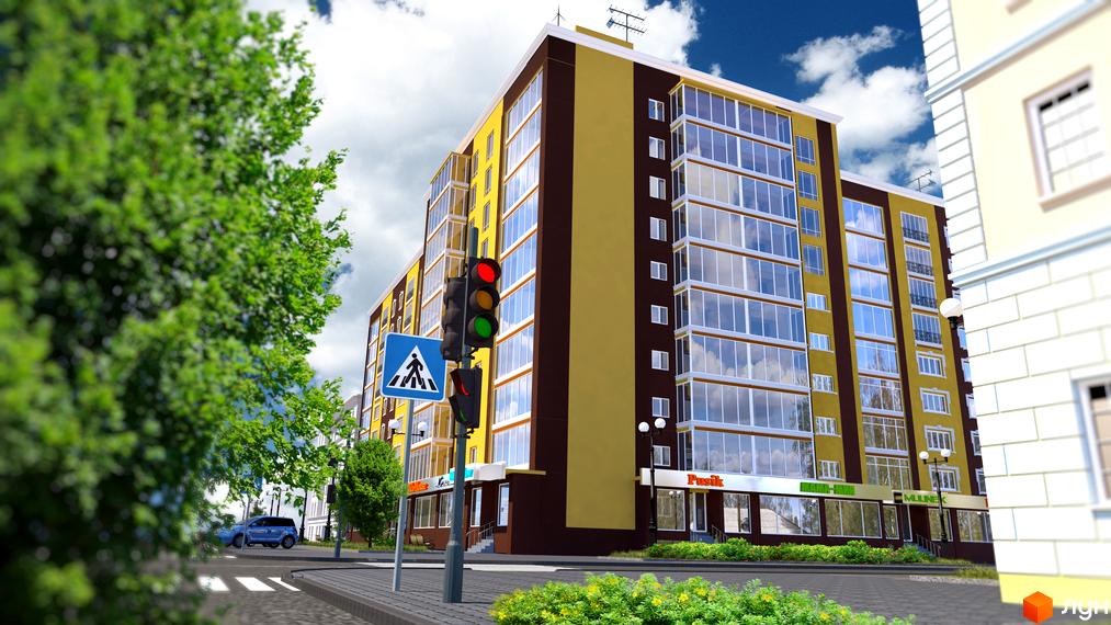 Житловий комплекс New Avenue. Фасад жовто-коричневої новобудови з великими вікнами, зелені дерева та пішохідний перехід біля будинку.