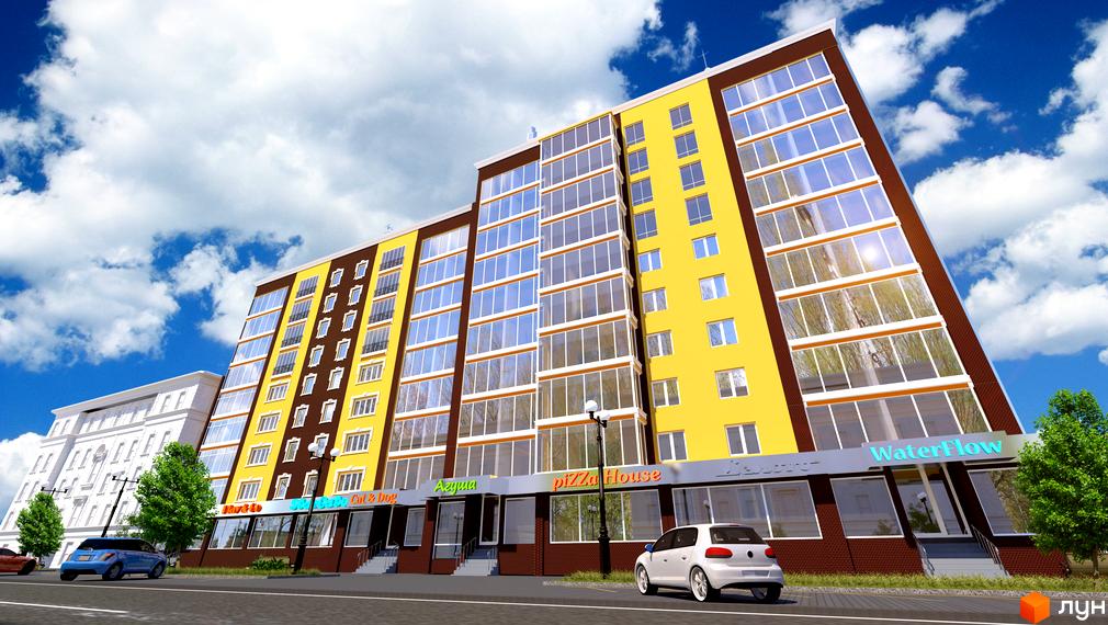 Житловий комплекс New Avenue - це сучасна новобудова з яскравим жовто-коричневим фасадом та великими панорамними вікнами. На першому поверсі розташовані комерційні приміщення, а перед будинком облаштована прибудинкова територія з деревами та дорогою.