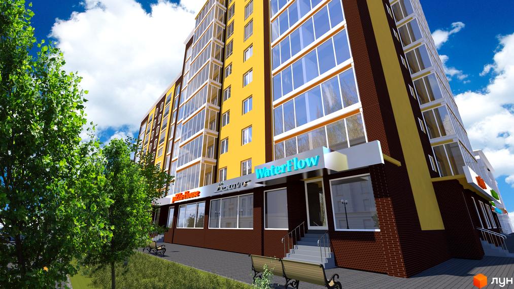 Зовнішній вигляд новобудови ЖК New Avenue з жовтим фасадом та великими вікнами. Поруч зелені дерева та лавки для відпочинку.