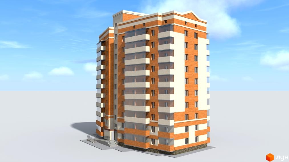 Зовнішній вигляд новобудови на вул. Кондратьєва, 132/1, 132/2, 132/3. Будинок цегляний з білими елементами та скляними балконами. Навколо будинку сіра прибудинкова територія з пандусом.