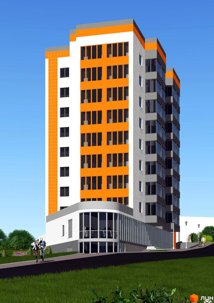 Сучасний житловий комплекс на вулиці Євгена Коновальця, 2а, з яскравим фасадом та скляними балконами. Навколо будинку зелена зона з доріжками та людьми.