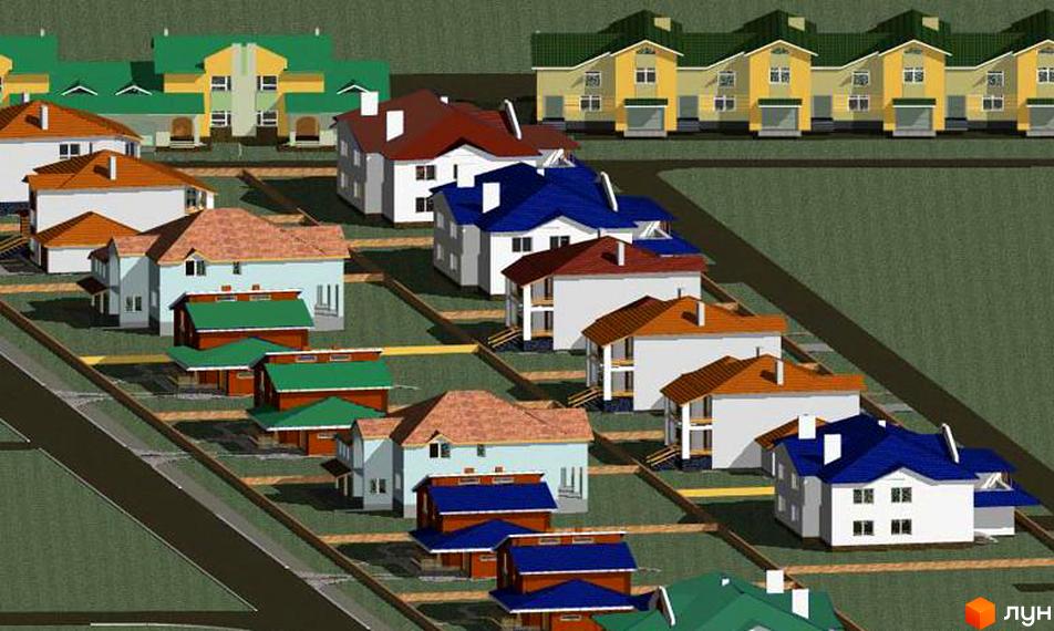 Візуалізація Котеджного містечка Академічний. Двоповерхові будинки з різнокольоровими дахами розташовані на зелених ділянках. На передньому плані видно дорогу.