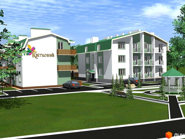 Житловий комплекс Квітковий: триповерхові будинки з зеленими дахами та балконами. На території є альтанка та зелені насадження.