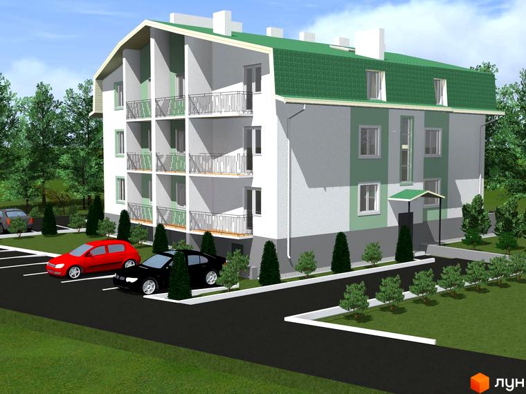 Житловий комплекс Квітковий: фасади будинку з балконами та зелений дах. Поруч парковка з автомобілями та зелені насадження.