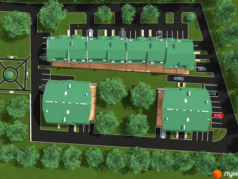 Житловий комплекс Квітковий складається з будівель із зеленими дахами та паркувальними місцями. Навколо розташовані зелені зони та дерева.