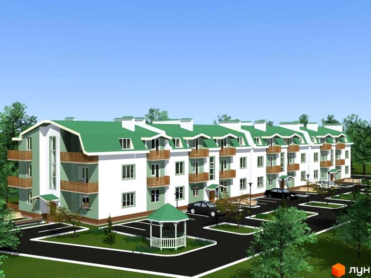 Житловий комплекс Квітковий: новобудова з зеленим дахом та балконами, оздоблена білим та світло-зеленим фасадом. Біля будинку розташована парковка та альтанка.