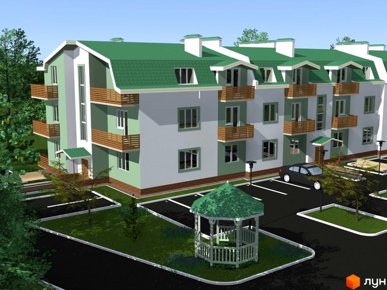 Зовнішній вигляд триповерхового будинку ЖК Квітковий з зеленим дахом та дерев'яними балконами. На прибудинковій території розташовані паркомісця, альтанка та зелені насадження.