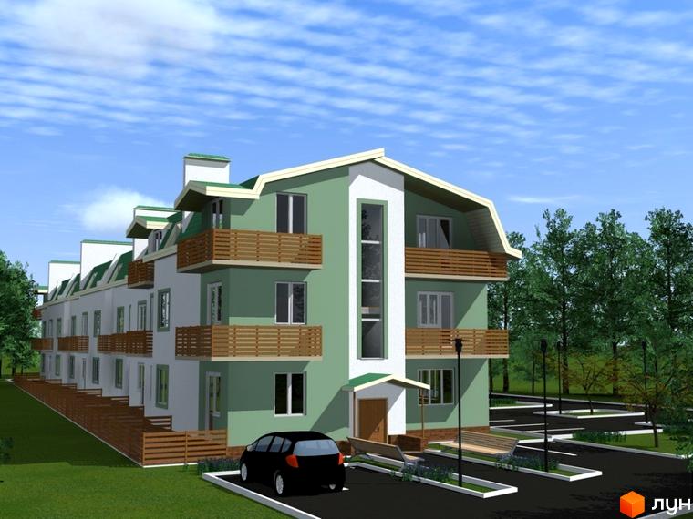 Зовнішній вигляд триповерхового житлового комплексу Квітковий з зеленими фасадами та дерев'яними балконами. Прибудинкова територія з парковкою та зеленими насадженнями.