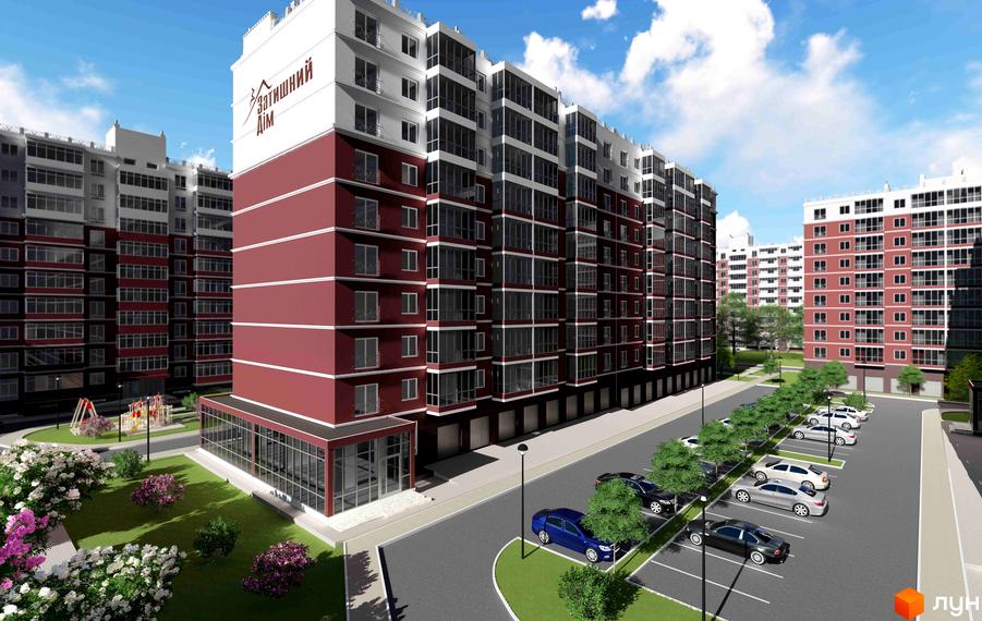 Житловий комплекс Затишний Дім. Багатоповерхові будинки з червоною та білою обробкою, великими вікнами та балконами. Навколо зелена територія з квітами, дитячим майданчиком та парковкою з автомобілями.