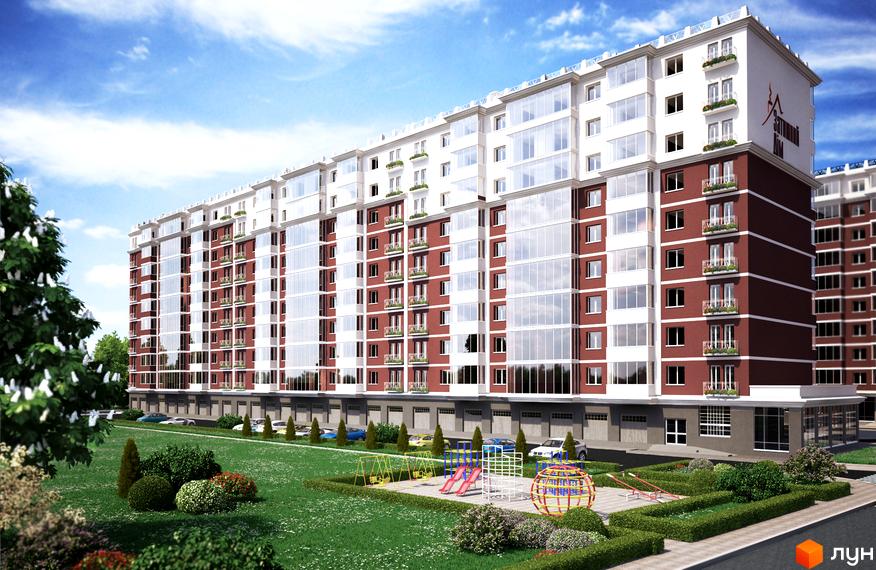 Житловий комплекс Затишний Дім - багатоповерхова будівля з червоно-білим фасадом, скляними балконами та дитячим майданчиком на зеленій території.