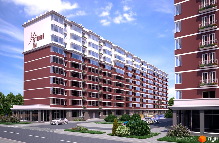 Зовнішній вигляд новобудови ЖК Затишний Дім з червоно-білим фасадом та численними балконами. Навколо будинку розташовані зелені насадження та доглянута прибудинкова територія.