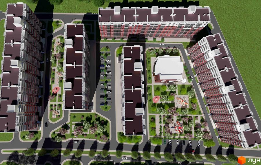 Житловий комплекс Затишний Дім: багатоповерхові будинки з червоно-білими фасадами та упорядкованою прибудинковою територією з дитячими майданчиками.