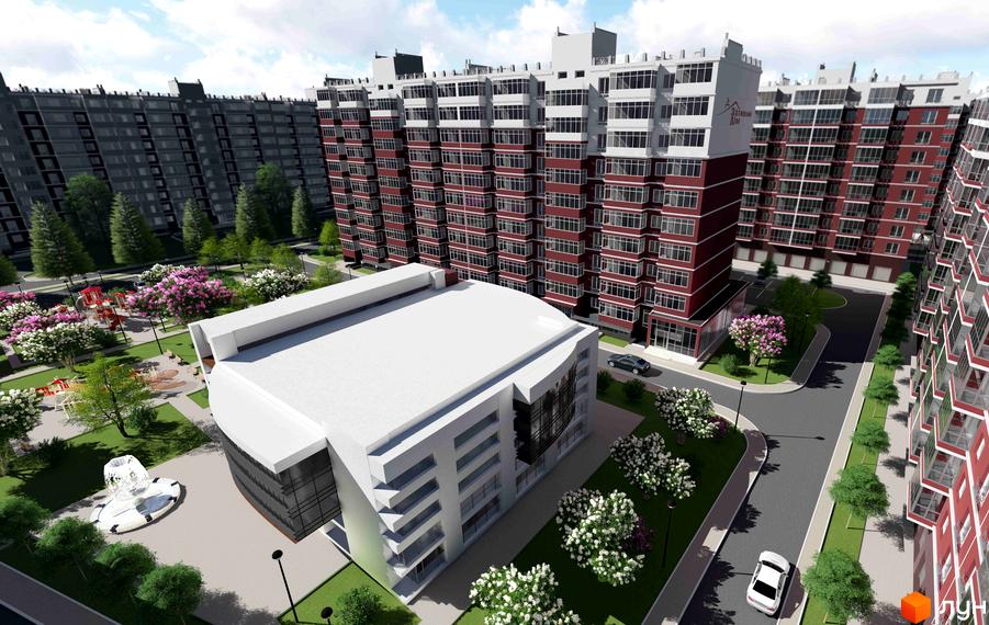 Житловий комплекс Затишний Дім з червоно-білими фасадами та великою кількістю вікон. На прибудинковій території розташовані дитячі майданчики, фонтан та зелені насадження.