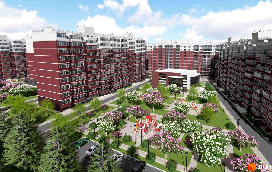 Житловий комплекс Затишний Дім: багатоповерхові будинки бордового кольору з білими верхніми поверхами та скляними балконами. Прибудинкова територія з дитячим майданчиком, зеленими насадженнями та місцями для відпочинку.