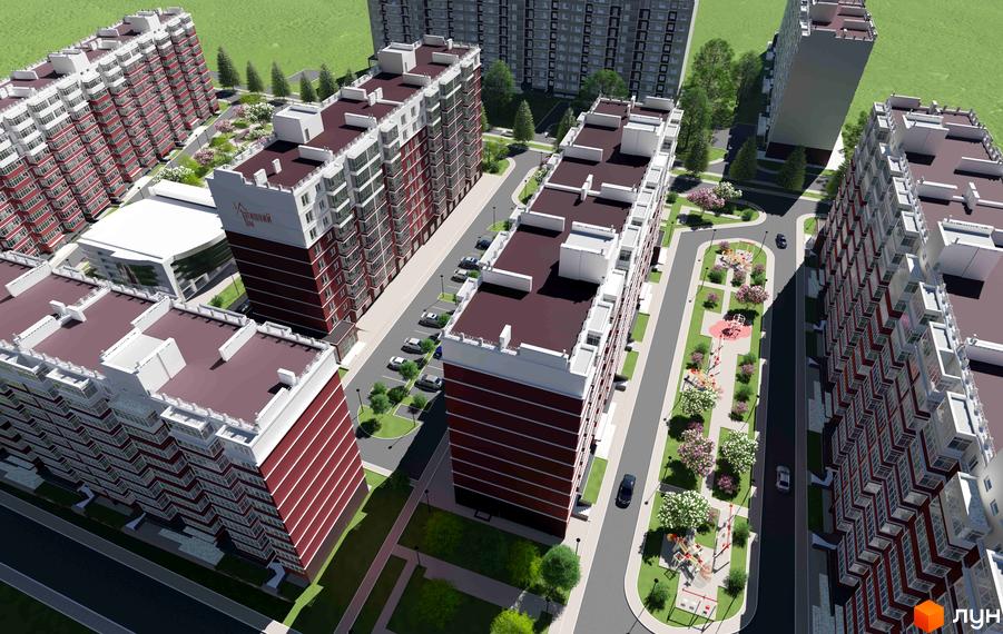 Житловий комплекс Затишний Дім з червоно-білими фасадами та численними вікнами. Прибудинкова територія з дитячими майданчиками та зеленими зонами.