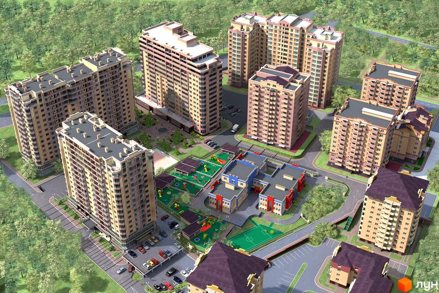 Фото комплексу Південний: багатоповерхові будинки світло-бежевого кольору з балконами, дитячі майданчики та зелена зона. Вид зверху.