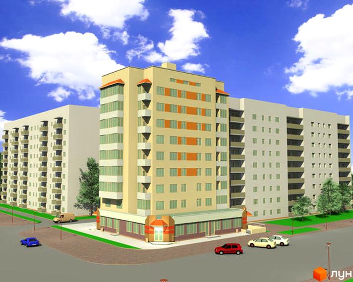 Новобудова на вул. Довженка, 7/1. Багатоповерхові будинки з балконами та вікнами, прибудинкова територія з деревами та автомобілями.