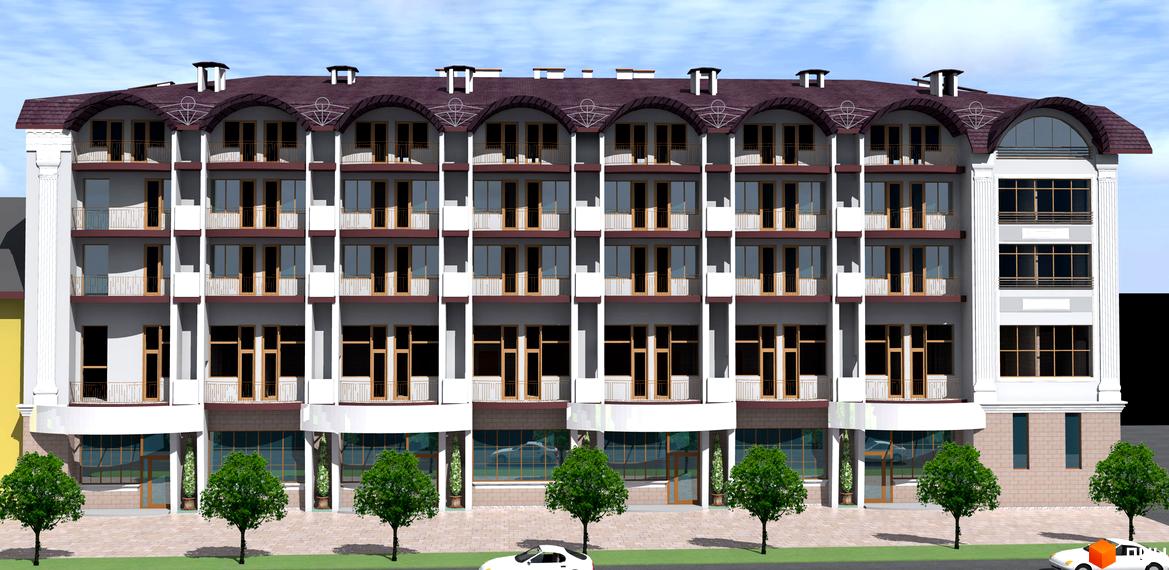 Фасад житлового комплексу Дольчевіта з балконами та вікнами. Навколо будинку зелені дерева та тротуар.