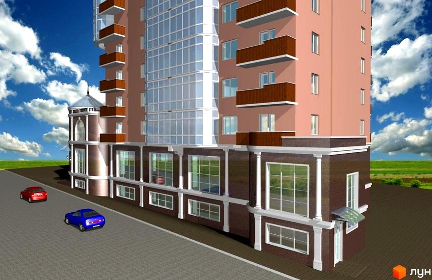 Новобудова ЖК Преміум з коричневим фасадом, скляною лоджією та балконами. На прибудинковій території видно дорогу та два автомобілі.